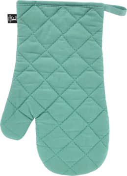 Turkusowa rękawica kuchenna z pikowanego materiału, rombowy wzór, pętelka do zawieszania, widok z przodu.