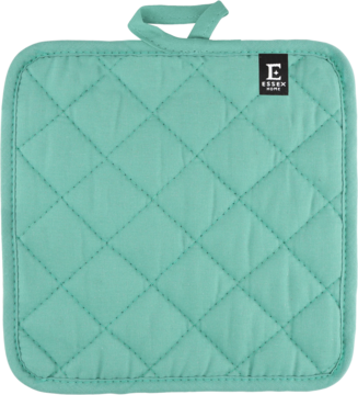 Kwadratowa, pikowana łapka kuchenna w turkusowym kolorze, z pętelką i czarnym logo E.