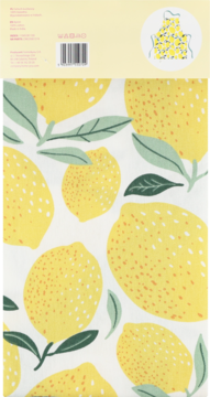 Fartuch kuchenny z wzorem cytryn: żółte, nakrapiane cytryny i zielone liście na białym tle, widok na materiał.