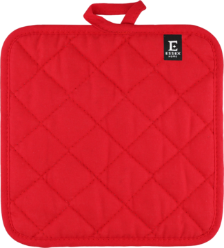 Czerwona, kwadratowa łapka kuchenna z pikowaniem w romby, metką E-TON HOME i pętelką, widok z przodu.