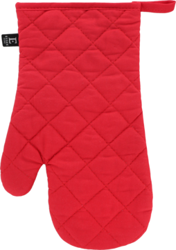 Czerwona pikowana rękawica kuchenna z pętelką do zawieszenia, widok z przodu na czarnym tle.