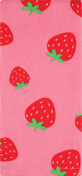 Różowy wzór w czerwone truskawki z zielonymi szypułkami i białymi nasionami, widok na tkaninę.