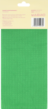 Tył opakowania zielonej ściereczki kuchennej z waflowej tkaniny, widoczne informacje o produkcie i kod kreskowy.