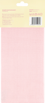 Różowa ściereczka kuchenna z waflowym wzorem w opakowaniu. Widok z tyłu z kodem, praniem i składem.