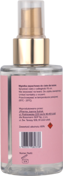 Tył różowej etykiety mgiełki zapachowej Scent of beauty 6 w przezroczystej butelce ze złotym atomizerem.