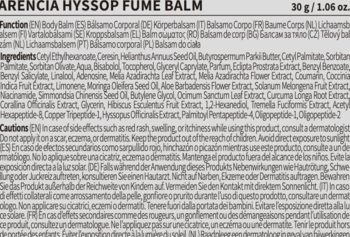 Tył opakowania balsamu do twarzy Arencia Hyssop Fume Balm z tekstem o składzie i ostrzeżeniach.