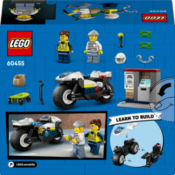 LEGO City 60455: policyjny motocykl, figurki, bankomat i dron, elementy zestawu na niebieskim pudełku.