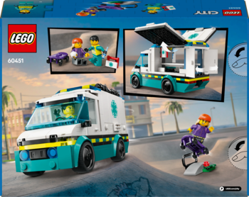 LEGO City Ambulance (60401) w biało-turkusowych barwach, z otwieranym bokiem i figurką, na miejskiej ulicy.