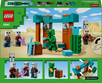 Tył opakowania LEGO Minecraft 21267, prezentujący figurki i sceny z pustynnej budowli z Vindicatorami i Miedzianym Golemem.