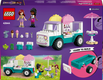 LEGO Friends 42644 Lodziarnia na kółkach, tylne opakowanie. Tealowy truck, lody, dwie figurki, stolik z parasolem.