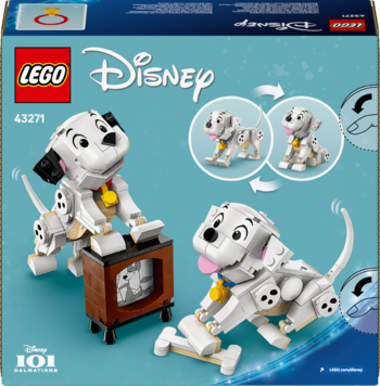 LEGO Disney 43271: Figurki dwóch białych dalmatyńczyków z ruchomymi elementami i telewizorem, na niebieskim tle.
