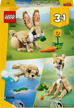 Z tyłu pudełka LEGO Creator 3in1 31162: beżowy królik z marchewką, foka z rybą i biały ptak.
