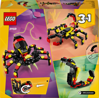 LEGO Creator 3w1 zestaw 31159, trzy modele: czarno-czerwony pająk, skorpion i wąż z klocków.