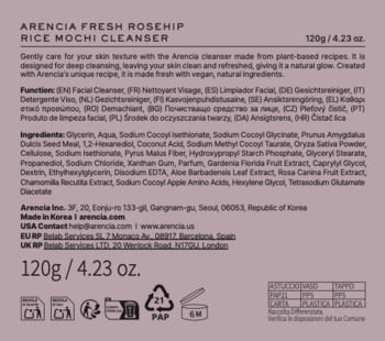 Tył opakowania Arencia Fresh Rosehip Rice Mochi Cleanser, delikatnie fioletowy, z listą składników i danymi producenta.