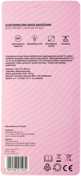 Tył różowego opakowania elektronicznej wagi bagażowej Rossmann, z opisem funkcji, danych tech. i kodem kreskowym.