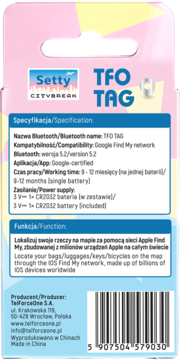 Tył opakowania lokalizatora Setty TFO TAG, opis funkcji z Apple Find My i specyfikacje, tło różowo-żółte.