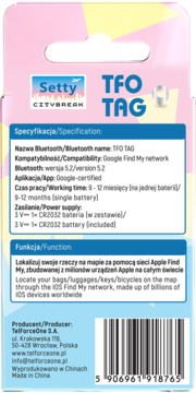Tył opakowania lokalizatora Setty TFO TAG z opisem kompatybilności z siecią Google i funkcją lokalizacji Apple Find My.
