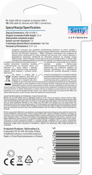 Tył białego opakowania kabla USB-C Setty o długości 1,2m, ze specyfikacją, ostrzeżeniami i kodem kreskowym.
