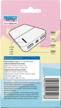 Tył opakowania power banku Setty CITYBREAK 22.5W, z ilustracją kompaktowego urządzenia i portów USB.