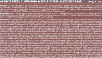 Tył opakowania Arencia Fresh Cloud Body & Scalp Scrub Lavender & Pear z drobnym tekstem składników.