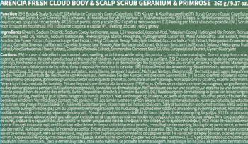Tył opakowania Arencia Fresh Cloud Body & Scalp Scrub Geranium & Primrose, z gęstym tekstem składników.