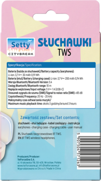 Tył opakowania słuchawek bezprzewodowych Setty TWS, niebiesko-białe, ze specyfikacją i kodem kreskowym.
