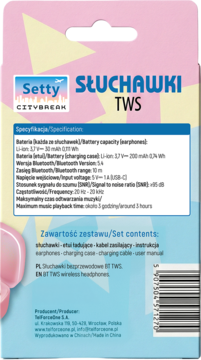 Tył jasnozielonego opakowania słuchawek TWS Setty, widoczne specyfikacje, zawartość zestawu i kod kreskowy.