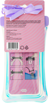 Tył różowego opakowania wodoodpornego etui na telefon z fioletową wstążką, czterema instrukcjami i holograficznym pokrowcem.