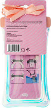 Tył różowego, opalizującego etui wodoodpornego na telefon z instrukcją użycia i różową smyczą.