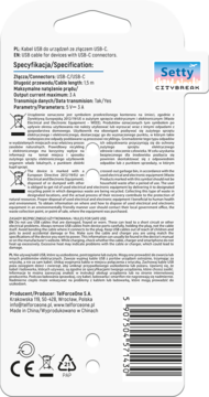 Tył opakowania kabla USB-C Setty Citybreak 1.5m, białe tło, widoczne dane techniczne i symbol CE.