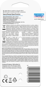 Tył białego opakowania kabla USB-C Setty CITYBREAK, widoczne specyfikacje i ostrzeżenia w języku polskim.