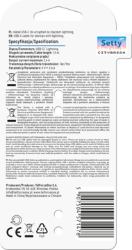 Tył opakowania kabla USB-C do Lightning Setty 1.3m, ze specyfikacją, tekstem ostrzegawczym i kodem.