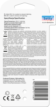 Białe opakowanie kabla USB-C na Lightning Setty, widok z tyłu z detalami produktu i kodem kreskowym.