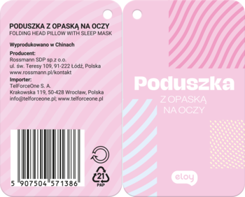 Różowa etykieta Poduszki z Opaską na Oczy: awers z grafiką Eloy, rewers z danymi producenta i kodem.