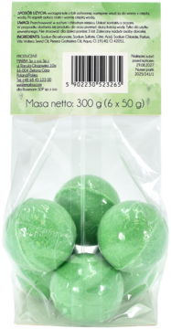 Sześć zielonych kul do kąpieli bergamotka/grejpfrut w przezroczystym opakowaniu, widok z przodu z etykietą.