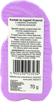 Fioletowy Krasnal do kąpieli 70g o zapachu truskawki i czarnej porzeczki, tył etykiety.