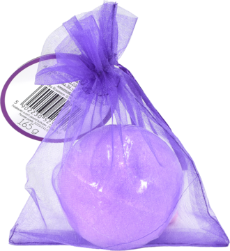 Fioletowa kula do kąpieli malina-porzeczka w woreczku z organzy, widok z przodu, widoczna waga 165g.