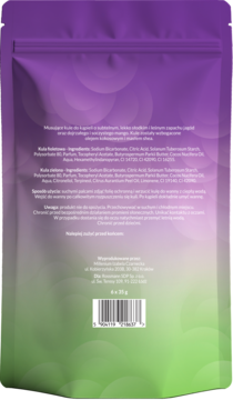 Tył fioletowo-zielonego opakowania z musującymi kulami do kąpieli, z widocznym składem produktu i instrukcją.