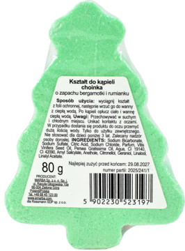 Jasnozielona choinka do kąpieli 80g o zapachu bergamotki i rumianku, widok z tyłu z etykietą.