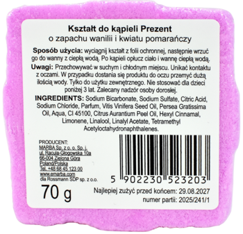 Tył fioletowego Kształtu do kąpieli 70g Prezent, z etykietą i składem wanilii i pomarańczy.
