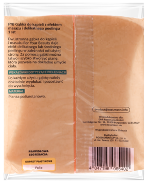 Tył opakowania For Your Beauty gąbki do kąpieli z masażem, beżowa, widoczny kod kreskowy i instrukcje po polsku.