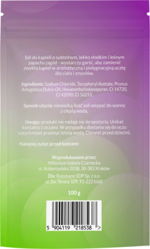 Tył opakowania soli do kąpieli o zapachu leśnych jagód, fioletowo-zielone tło, z widocznym składem i wagą 100g.