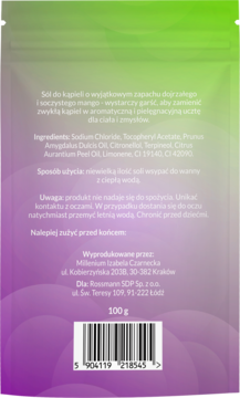 Tył opakowania soli do kąpieli o zapachu mango, na zielono-fioletowym tle, z listą składników i kodem kreskowym.