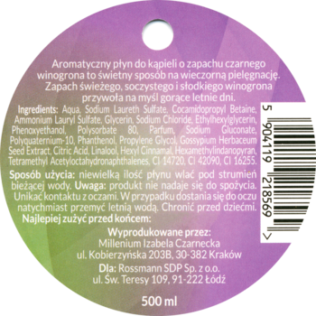 Tył okrągłej etykiety płynu do kąpieli o zapachu czarnego winogrona, 500ml. Widoczne składniki i kod kreskowy.