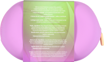 Tył opakowania produktu z zielono-fioletową etykietą, zbliżenie na listę składników i opis w języku polskim.