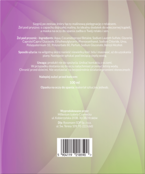 Tył opakowania żelu pod prysznic o zapachu maliny i mięty, 100 ml, na gradientowym fioletowo-zielonym tle.