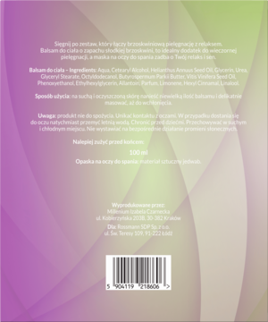 Balsam do ciała Millenium, tył opakowania, gradientowa butelka z listą składników i kodem kreskowym.