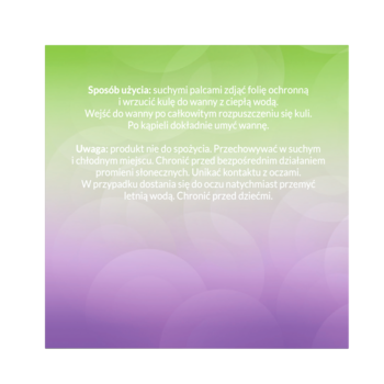Tył opakowania z polskimi instrukcjami użycia kuli do kąpieli i ostrzeżeniami, gradient zielono-fioletowy.