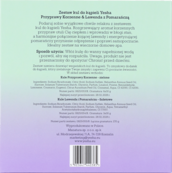 Tył opakowania zestawu 9 wegańskich kul Yesha, z opisem zapachów korzenno-lawendowych i pomarańczowych.
