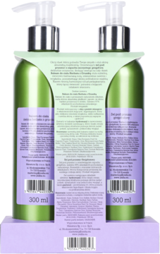 Yesha zestaw: zielony żel pod prysznic i fioletowy balsam do ciała, widok z tyłu z etykietami produktów.